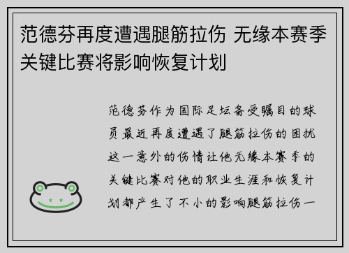 范德芬再度遭遇腿筋拉伤 无缘本赛季关键比赛将影响恢复计划